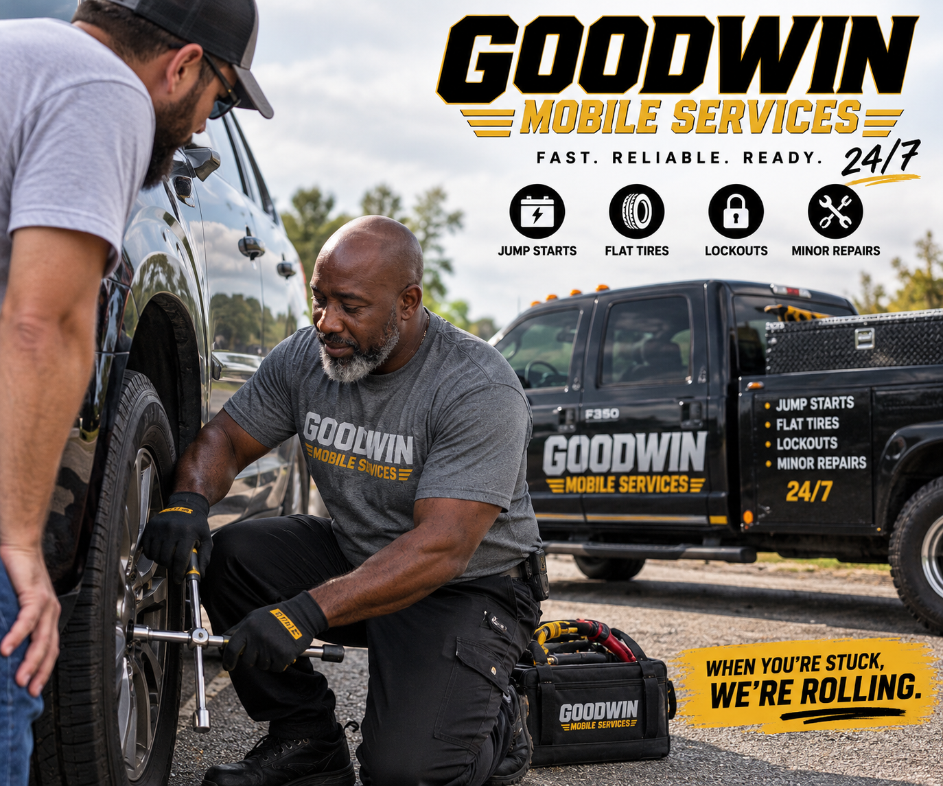 Goodwin Mobile Services technician assisting a customer with a tire service
